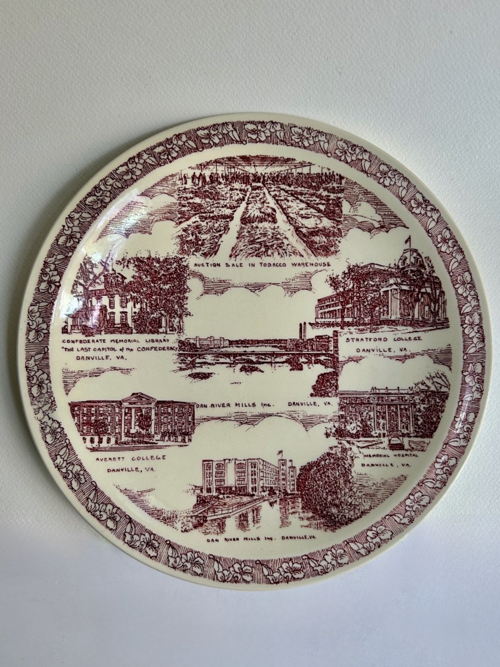 Danville, Virginia Burgundy & Cream Souvenir Plate, C. 1950